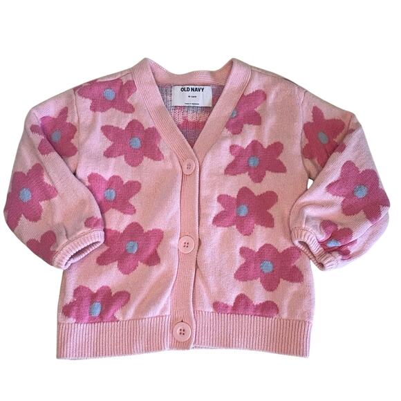 Old Navy Daisy Cotton Knit Cardigan Sweater Girls 18-24M | Pink V-Neck - Picture 1 of 8
